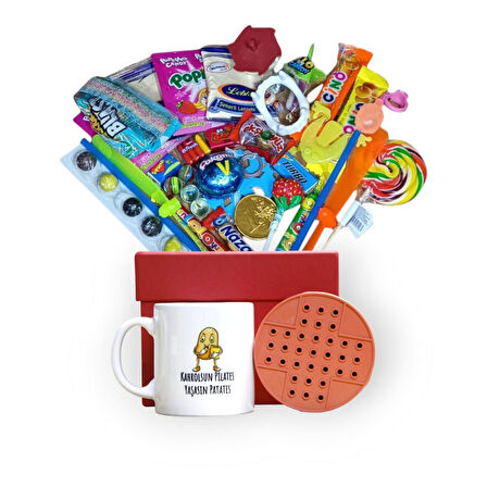 Nostaljik Lezzetler Kırmızı Hediye Kutusu ve Kahrolsun Pilates Yaşasın Patates Yazılı Kupa Bardak