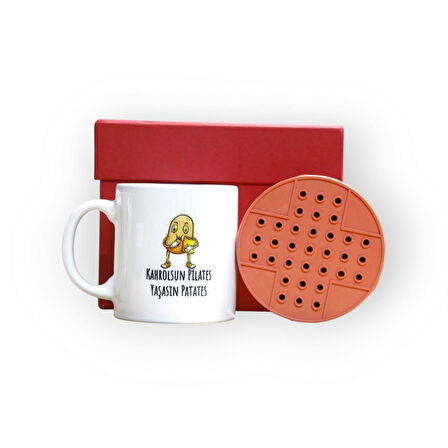 Nostaljik Lezzetler Kırmızı Hediye Kutusu ve Kahrolsun Pilates Yaşasın Patates Yazılı Kupa Bardak