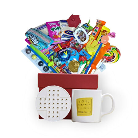 Nostalji Dolu Kırmızı Hediye Kutusu ve Soru Sormayın Bilmiyorum Teşekkürler Baskılı Kupa Bardak