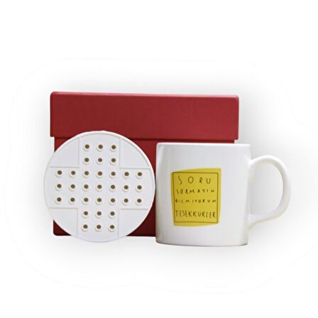 Nostalji Dolu Kırmızı Hediye Kutusu ve Soru Sormayın Bilmiyorum Teşekkürler Baskılı Kupa Bardak