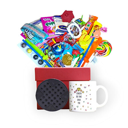 Nostaljik Sürprizlerle Dolu Kırmızı Hediye Kutusu ve Benden Bir Tane Daha Yok Baskılı Kupa Bardak