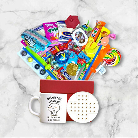 Retro Lezzetler ve Sürprizlerle Dolu Kırmızı Hediye Kutusu ve Düzelcez İnşallah Şu Olaylar Bir Bitsin Yazılı Kupa Bardak