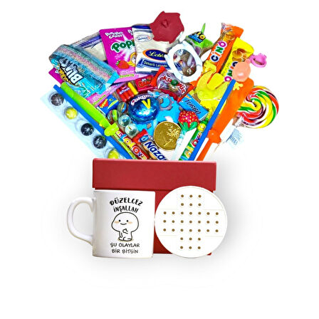 Retro Lezzetler ve Sürprizlerle Dolu Kırmızı Hediye Kutusu ve Düzelcez İnşallah Şu Olaylar Bir Bitsin Yazılı Kupa Bardak
