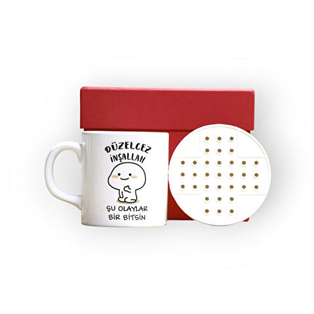 Retro Lezzetler ve Sürprizlerle Dolu Kırmızı Hediye Kutusu ve Düzelcez İnşallah Şu Olaylar Bir Bitsin Yazılı Kupa Bardak