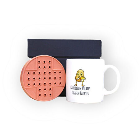 Nostaljik İçerikli Siyah Hediye Kutusu ve Kahrolsun Pilates Yaşasın Patates Yazılı Kupa Bardak