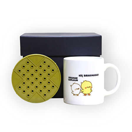 Zamana Dokunan Siyah Hediye Kutusu ve Hiç Bırakmadan Kocaman Sarılalım Yazılı Kupa Bardak