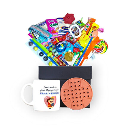 Nostalji Dolu Siyah Hediye Kutusu ve Ben Zaten Kralın Kızıyım Baskılı Kupa Bardak
