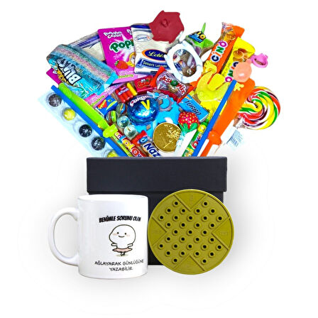 Retro Lezzetler ve Sürprizlerle Dolu Siyah Hediye Kutusu ve Benimle Sorunu Olan Ağlayarak Günlüğüne Yazabilir Yazılı Kupa Bardak