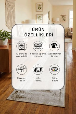 Babel Dijital Baskılı Kaymaz Yıkanabilir Yolluk - Leke Tutmaz Yeşil