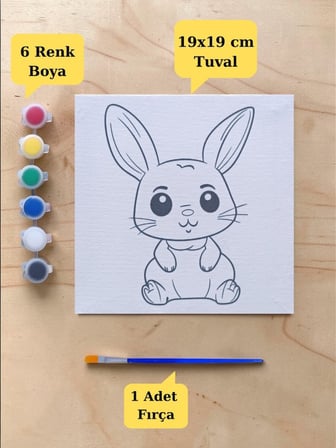 Sevimli Tavşan Baskılı Tuval Boyama Aktivite Seti 19x19 Cm (Tuval, Fırça ve 6 Renk Akrilik Boya Seti)