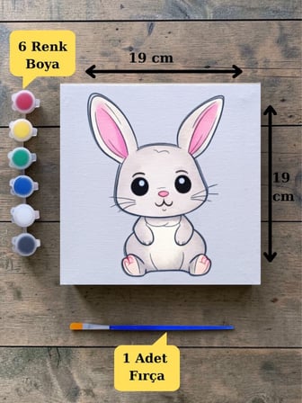 Sevimli Tavşan Baskılı Tuval Boyama Aktivite Seti 19x19 Cm (Tuval, Fırça ve 6 Renk Akrilik Boya Seti)