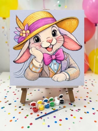 Şapkalı Tavşan Tuval Boyama Aktivite Seti 19x19 Cm (Tuval, Şövale, Fırça ve 6 Renk Akrilik Boya Seti)