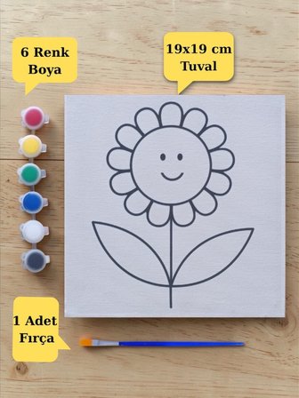 Sevimli Çiçek Baskılı Tuval Boyama Aktivite Seti 19x19 Cm (Tuval, Fırça ve 6 Renk Akrilik Boya Seti)