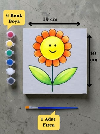 Sevimli Çiçek Baskılı Tuval Boyama Aktivite Seti 19x19 Cm (Tuval, Fırça ve 6 Renk Akrilik Boya Seti)