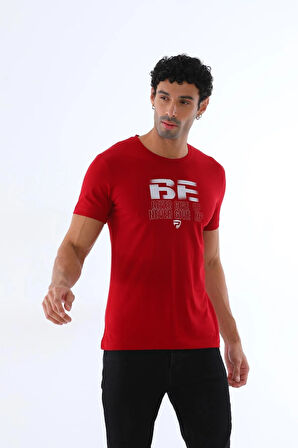 Erkek Bordo Süprem Kumaş Yazı Baskılı Bisiklet Yaka Kısa Kollu T-shirt - 147