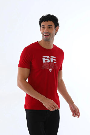Erkek Bordo Süprem Kumaş Yazı Baskılı Bisiklet Yaka Kısa Kollu T-shirt - 147