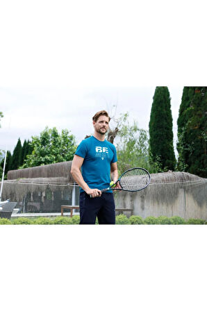 Erkek Petrol Mavi Süprem Kumaş Yazı Baskılı Bisiklet Yaka Kısa Kollu T-shirt - 147