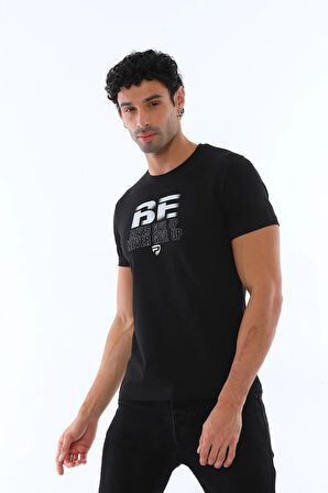 Erkek Siyah Süprem Kumaş Yazı Baskılı Bisiklet Yaka Kısa Kollu T-shirt - 147