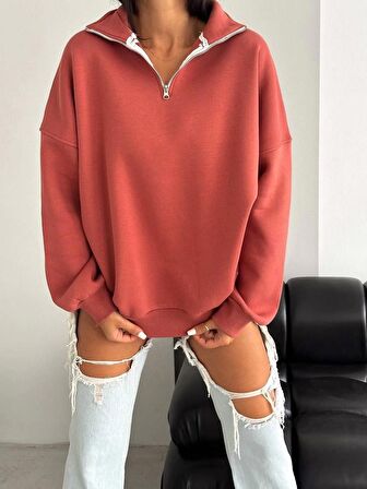 Yarım Fermuar Gül Kurusu Oversize Sweatshirt