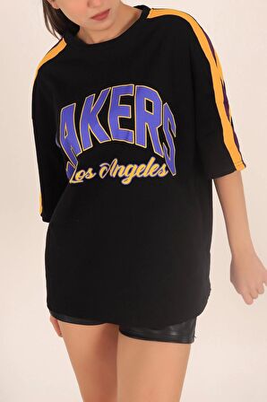 SİYAH LAKERS BASKILI OVERSİZE T-SHİRT