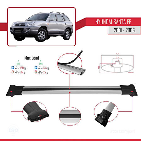Hyundai Santa Fe (SM) 2001-2006 Arası ile Uyumlu FLY Model Ara Atkı Tavan Barı Gri 2 Adet