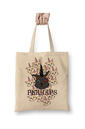 Unicorn Cat Kedi Beyaz Bez Çanta Uzun Saplı Alışveriş Çantası Plaj Çantası