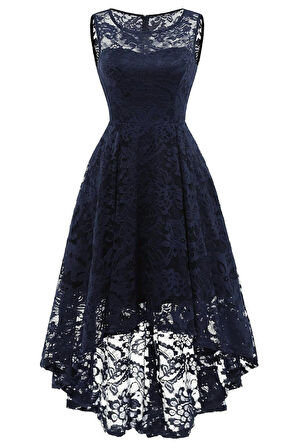 Kadın Büyük Beden Lacivert Asimetrik Kesim Göğüs Robalı Dantel Midi Abiye Elbise