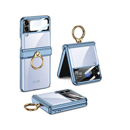 Smcase Samsung Galaxy Z Flip4 Kılıf Kıpta Yüzüklü Lens Korumalı Lazer Kapak
