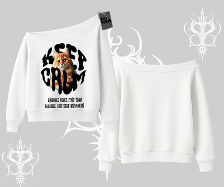 Keep Calm Yazılı Kedi Baskılı Streetwear Kayık Yaka Sweatshirt