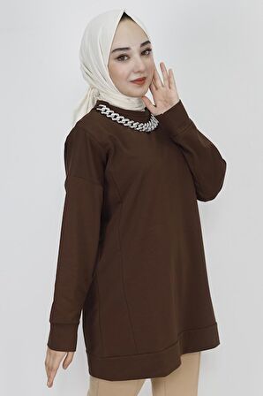 Zincir Kolye Detaylı 2 İp Kumaş Sweatshirt