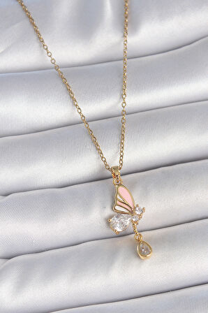316L Çelik Gold Renk Zincir Damla Zirkon Taşlı Kelebek Model Sallantı Detay Kadın Kolye
