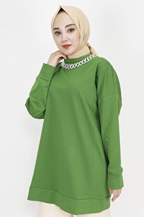 Zincir Kolye Detaylı 2 İp Kumaş Sweatshirt