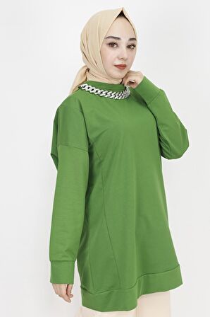 Zincir Kolye Detaylı 2 İp Kumaş Sweatshirt