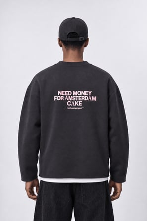 Erkek Cake Baskılı Pis Dikiş Detaylı Oversize Sweatshirt Füme