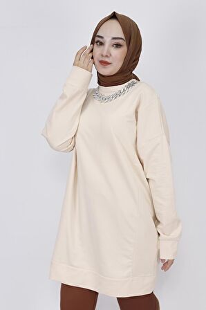 Zincir Kolye Detaylı 2 İp Kumaş Sweatshirt