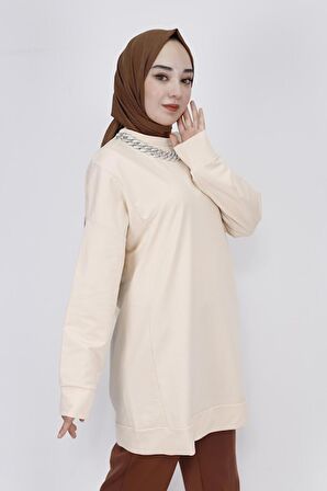 Zincir Kolye Detaylı 2 İp Kumaş Sweatshirt