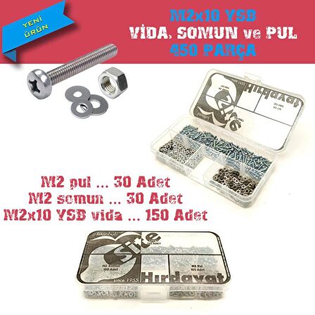 M2x10 YSB Vida Somun ve Pul Seti, 450 Parça