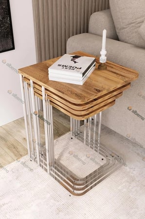 Orkide Tekerlekli 4 Lü Zigon Sehpa Gümüş- Atlantik Çam Mdf Zigon Sehpa