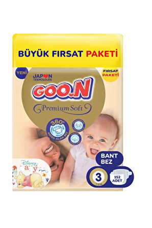 Goo.n Premium Soft 3 Numara Süper Yumuşak Bant Bebek Bezi Avantajlı Fırsat Paketi - 152 Adet