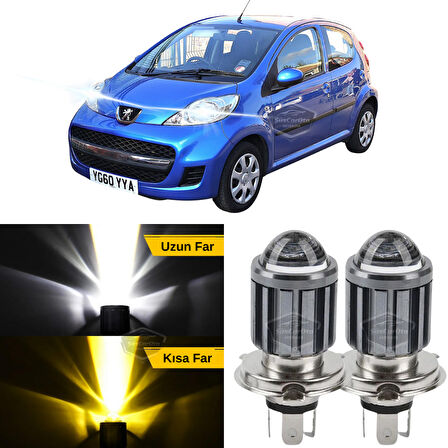 Peugeot 107 2007-2013 Uyumlu Mercekli Far Ampulü Led Xenon Çift Renk Sarı-Beyaz Far Şimşek Etkili CSP Led Lamba Uzun Kısa 2 Adet Takım