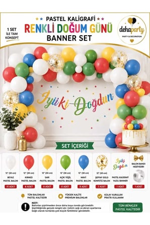 Dehaparty İyiki Doğdun Yazılı Doğum Günü Seti Renkli Pastel Balon ve Konfeti