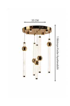 Lüks Gold Çemberli Seri 5li Çizgili Cam Silindir Modern Küre Detaylı Avize