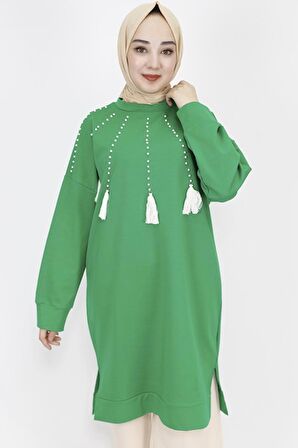 İnci Ve Püskül Detaylı 2 İp Kumaş Sweatshirt