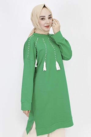 İnci Ve Püskül Detaylı 2 İp Kumaş Sweatshirt