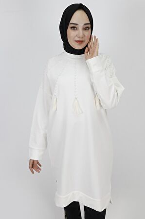 İnci Ve Püskül Detaylı 2 İp Kumaş Sweatshirt