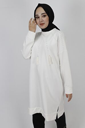İnci Ve Püskül Detaylı 2 İp Kumaş Sweatshirt