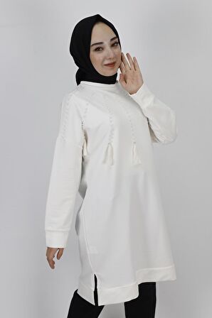 İnci Ve Püskül Detaylı 2 İp Kumaş Sweatshirt
