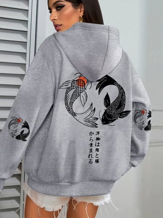 Japon Koi Harajuku Çizim Baskılar Kadın Hoodie Gevşek Y2K Hoody Renkli Sonbahar Hoodies Polar