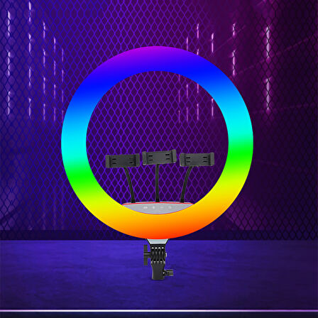 RGB RingLight 45cm Işıklı 3'lü Telefon Tutucu LJJ18 Led Selfie Youtuber Tiktok Işığı Kumandalı