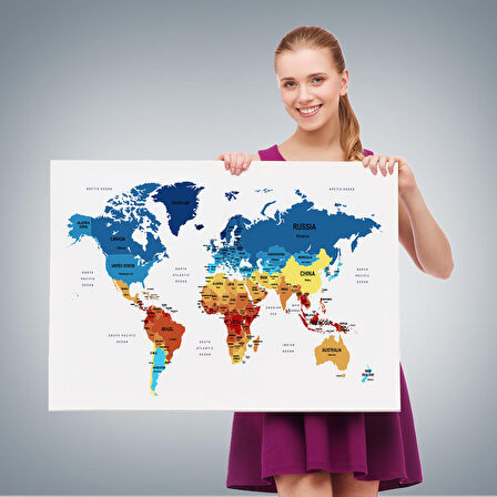 Harita Sepeti Dünya Haritası Dekoratif Kanvas Tablo Ülke ve Başkentli 1493